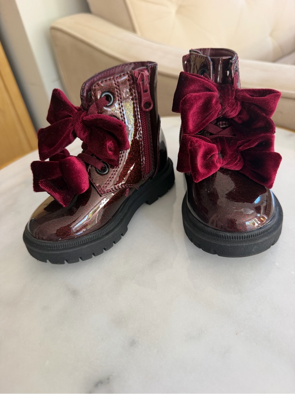 Cat & Jack Kids Burgundy Patent Boots with Velvet Bow